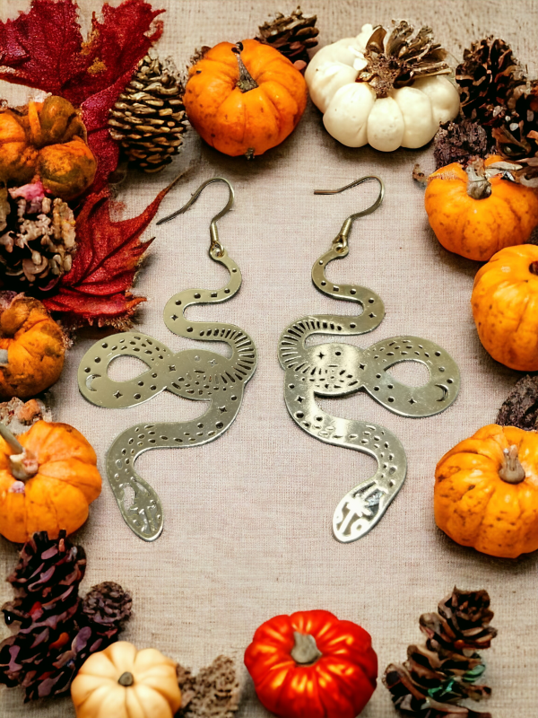 boucles d'oreilles avec pendentif serpent en métal doré et crochets d'oreilles en acier inoxydable doré