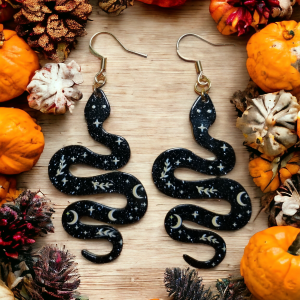 boucles d'oreilles avec pendentif serpent en résine noire et paillettes, crochets d'oreilles en acier inoxydable doré
