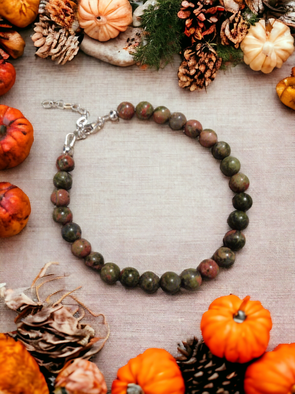 bracelet argent et unakite